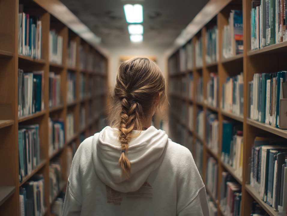Female college student in a white hoodie walking through library aisles filled with books, viewed from behind in a quiet academic setting.