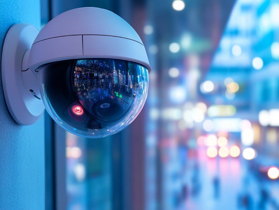 A dome-style surveillance camera mounted on a wall monitors a brightly lit urban environment, symbolizing smart security and monitoring.