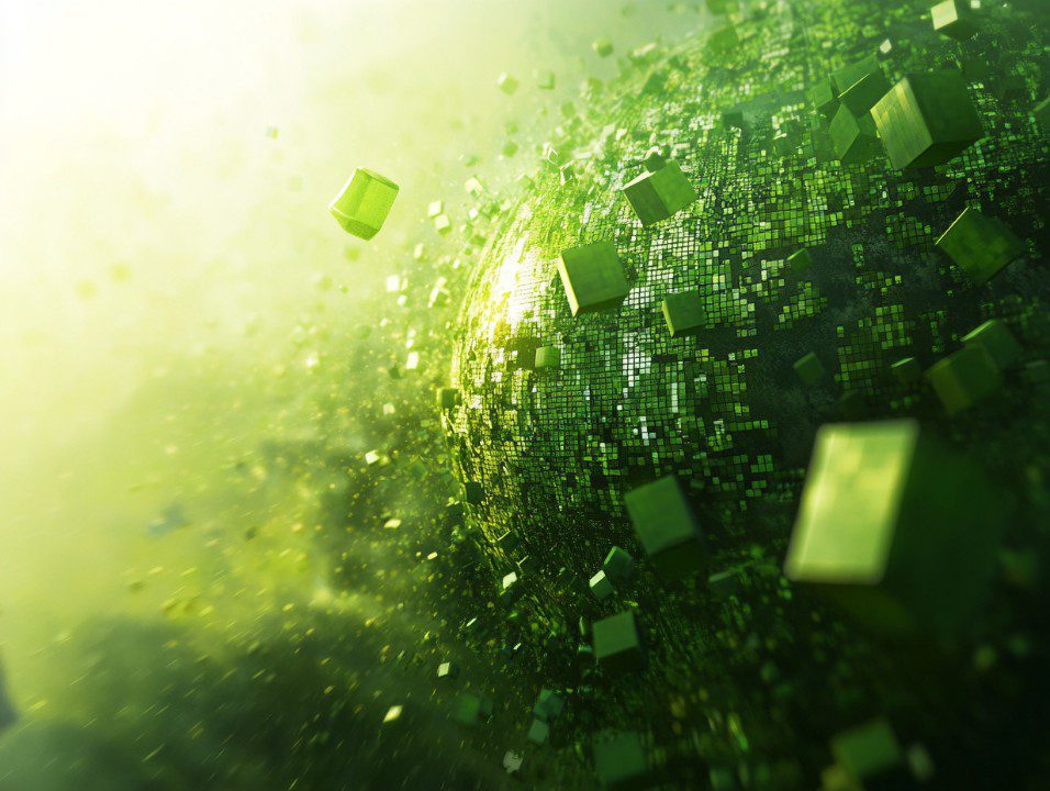 Digital art of a green Earth-like sphere made of pixels and floating cubes, symbolizing eco data and sustainable technology.