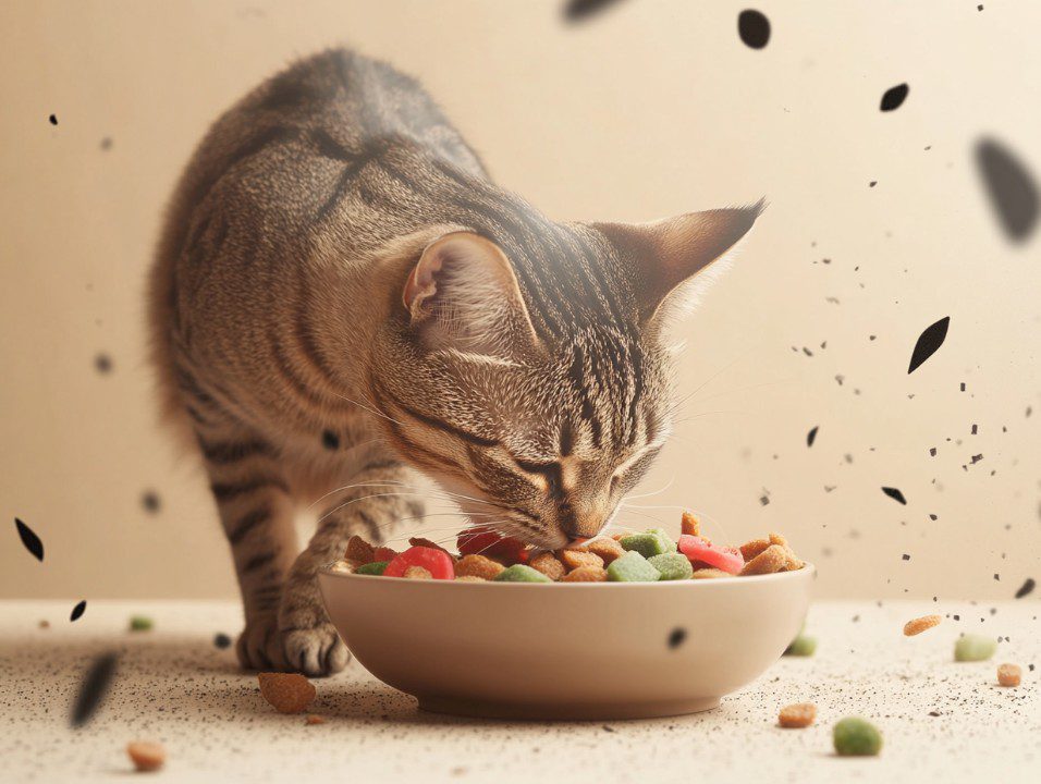 A close-up of a tabby cat eating colorful dry cat food from a white bowl with scattered kibble on a light surface.
