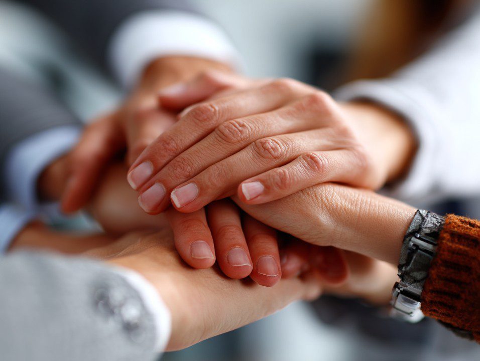 Close-up of diverse hands stacked together to represent teamwork, unity, and collaboration in a professional or group setting.