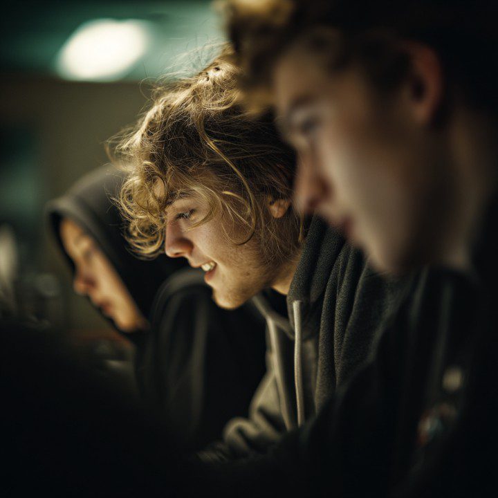 Three young adults wearing hoodies are engaged in a tech class, showing focused expressions and teamwork in a learning environment.