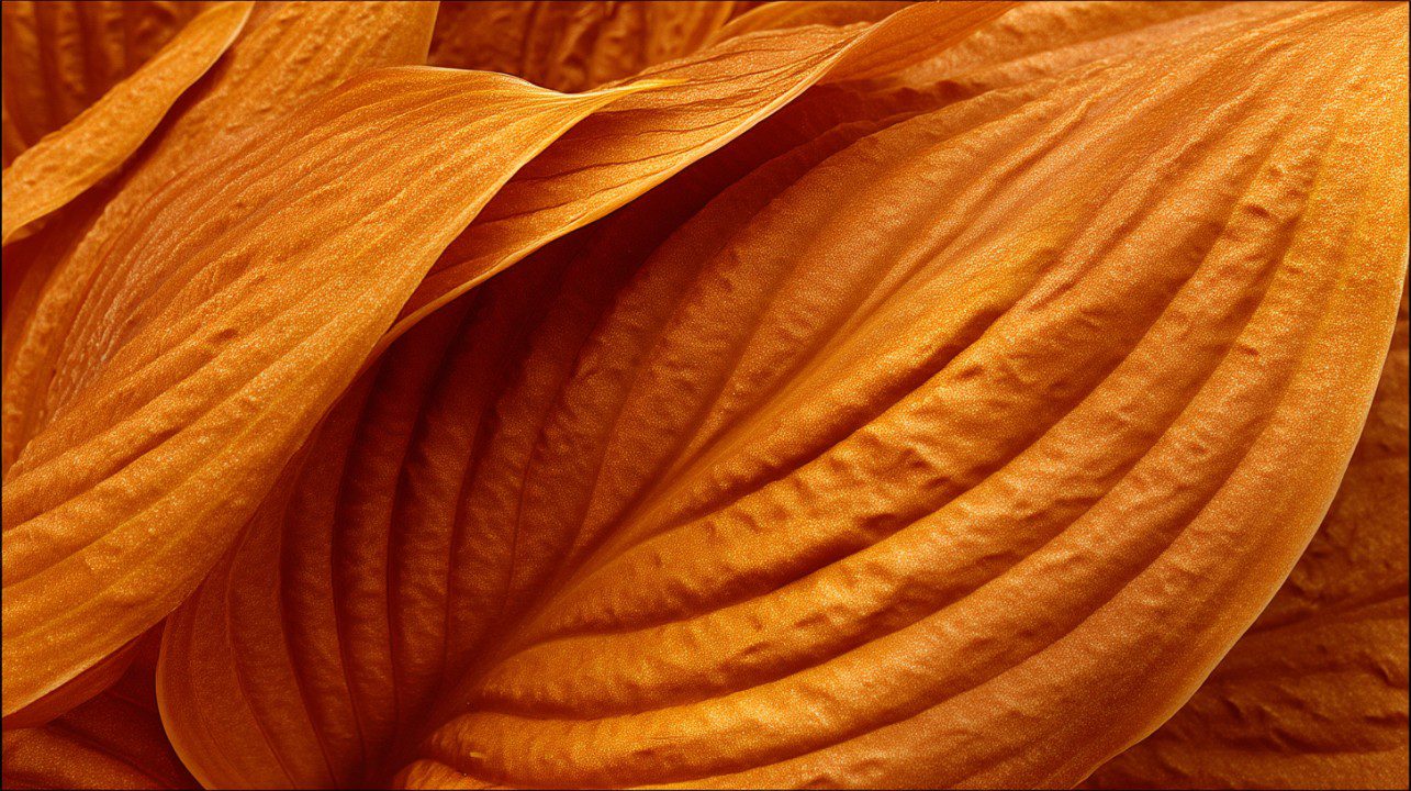 Macro close-up of a richly textured orange hosta leaf with natural patterns and vibrant organic detail.