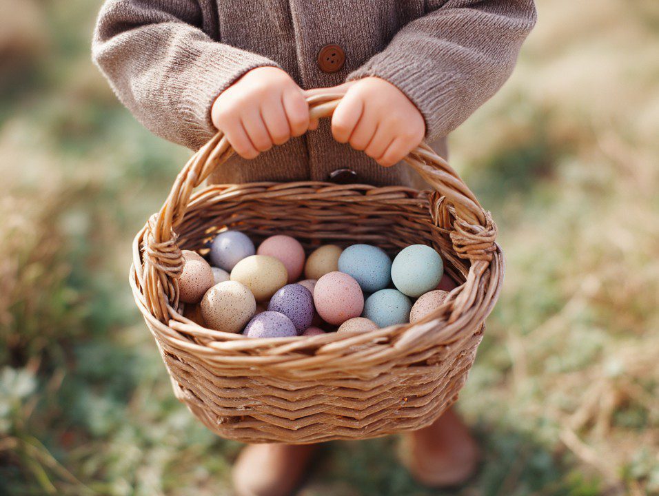 A toddler wearing a brown coat holds a wicker basket filled with pastel-colored Easter eggs on a grassy field.