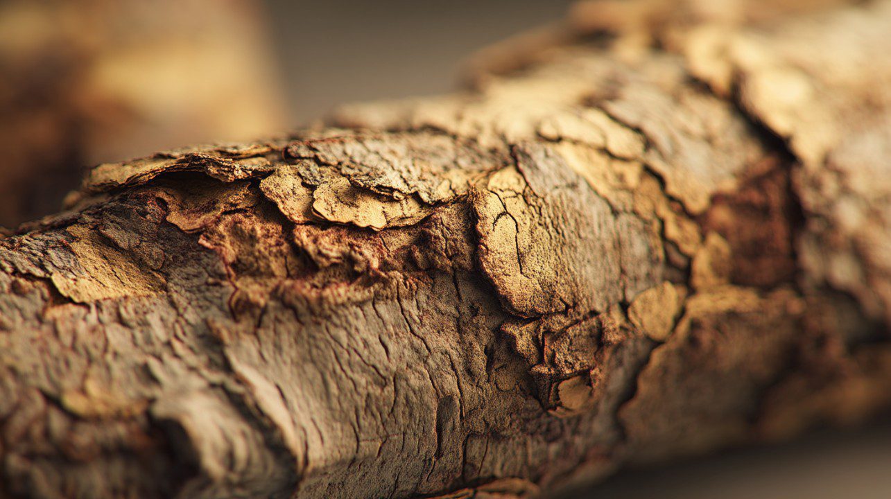 Close-up macro photograph of rugged tree bark showing layered texture and earthy tones in high detail.