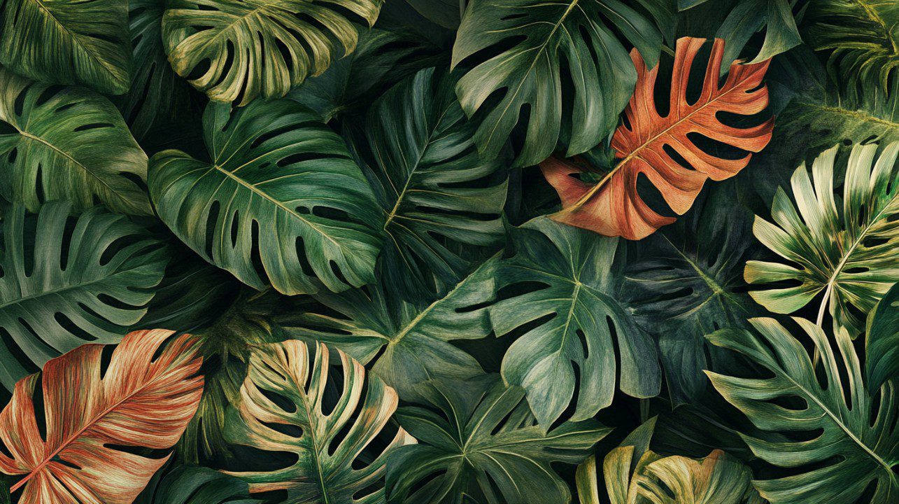 A flat-lay of overlapping monstera leaves in various shades of green, red, and yellow, creating a bold tropical pattern.
