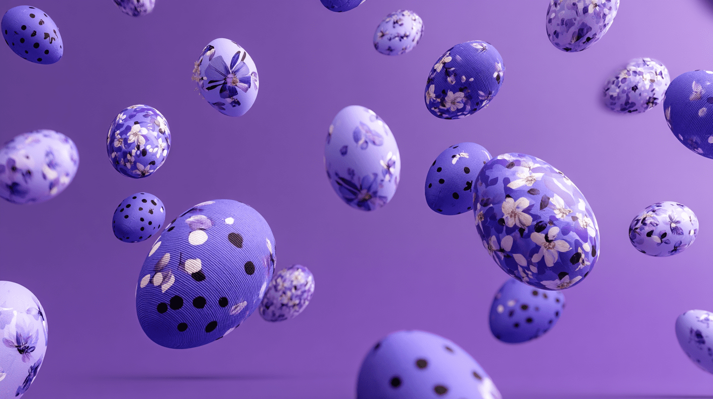 Floating violet Easter eggs with polka dot and floral patterns on a vibrant purple background, symbolizing festive spring decor.