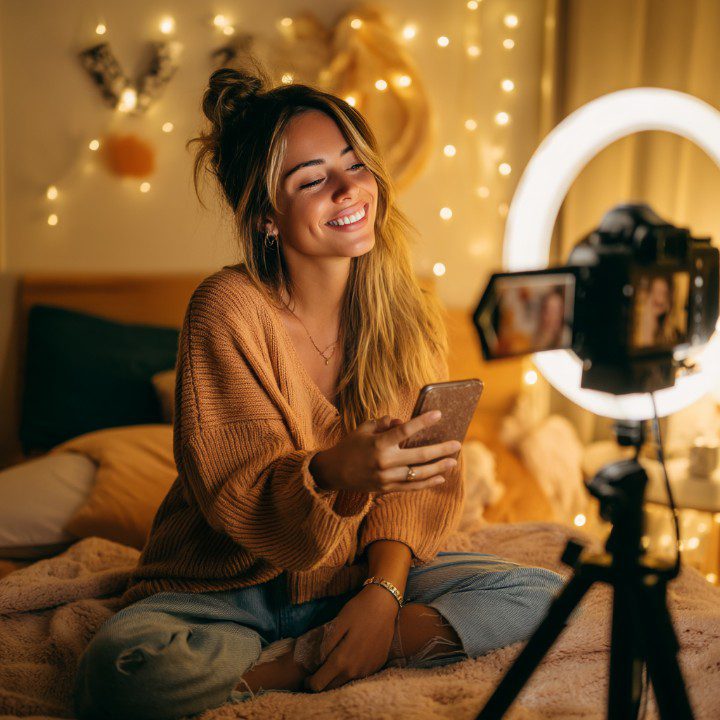 Young woman vlogger recording a video with a smartphone and ring light in a cozy bedroom decorated with fairy lights.