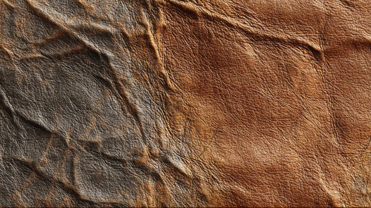 Close-up image of weathered leather with a rich grain texture in brown and gray hues, ideal for use as a background or design element.