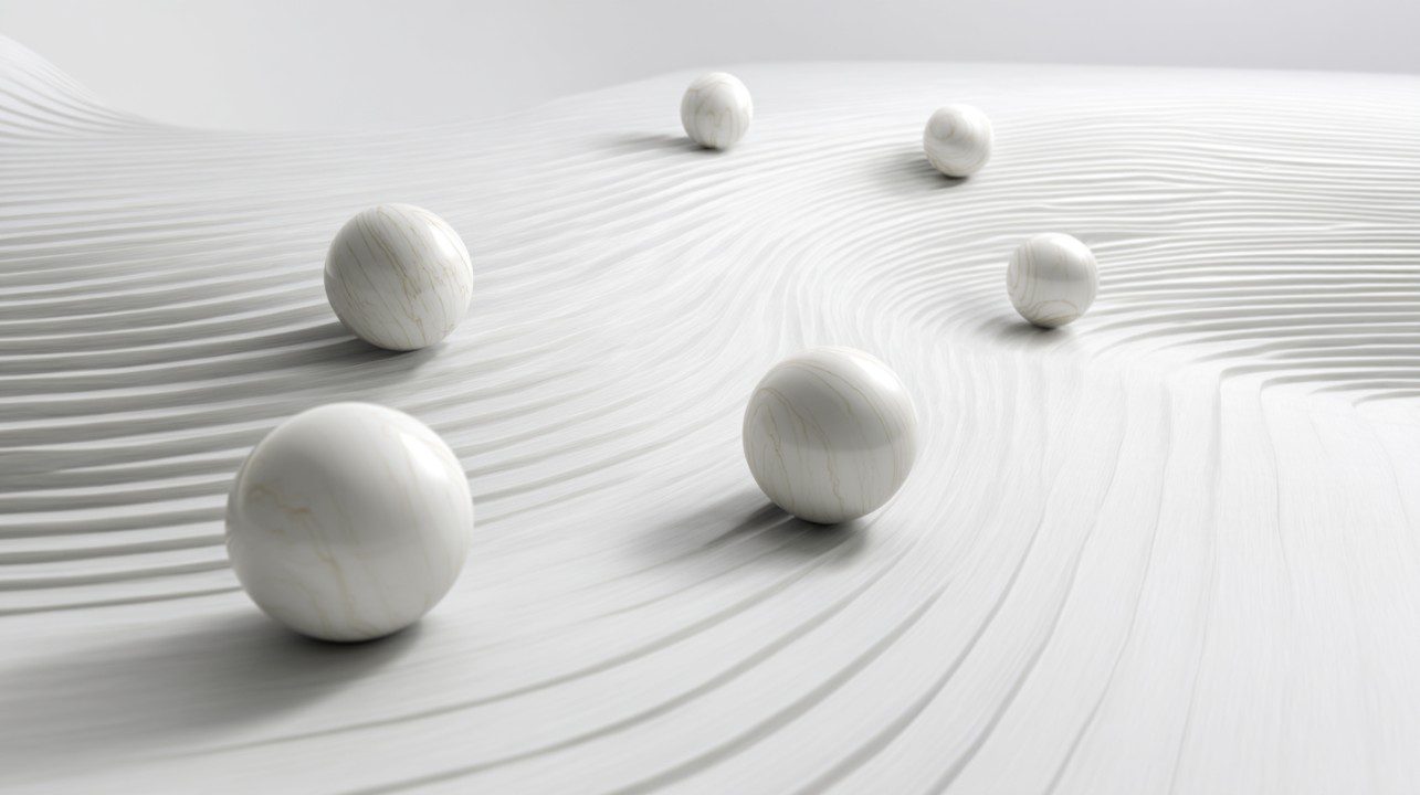 Six white marble-textured spheres rest on a smooth, undulating white surface in a clean, minimalist abstract scene.