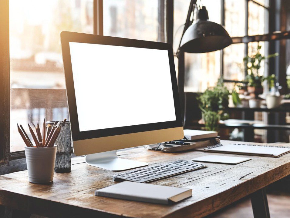 A modern office desk with a blank desktop monitor, keyboard, and stationary—ideal for digital mockups and workspace design visuals.
