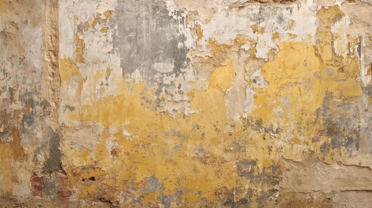 Close-up of a grunge wall with old yellow paint peeling off rough plaster, ideal for backgrounds or texture overlays.
