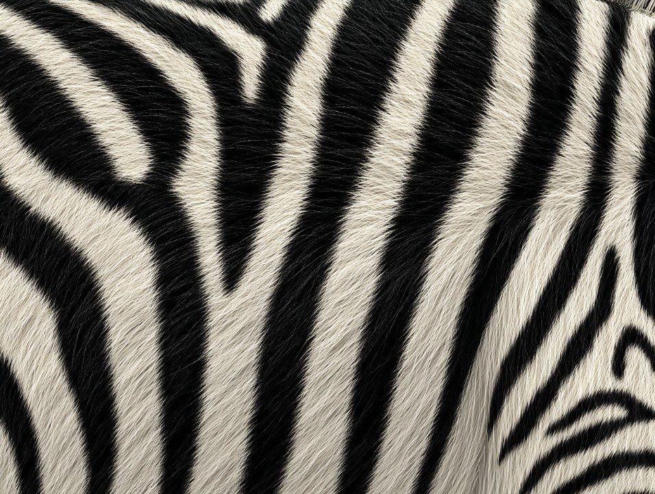 Close-up view of zebra fur with natural black and white stripes in high resolution, showing detailed texture and fur patterns.