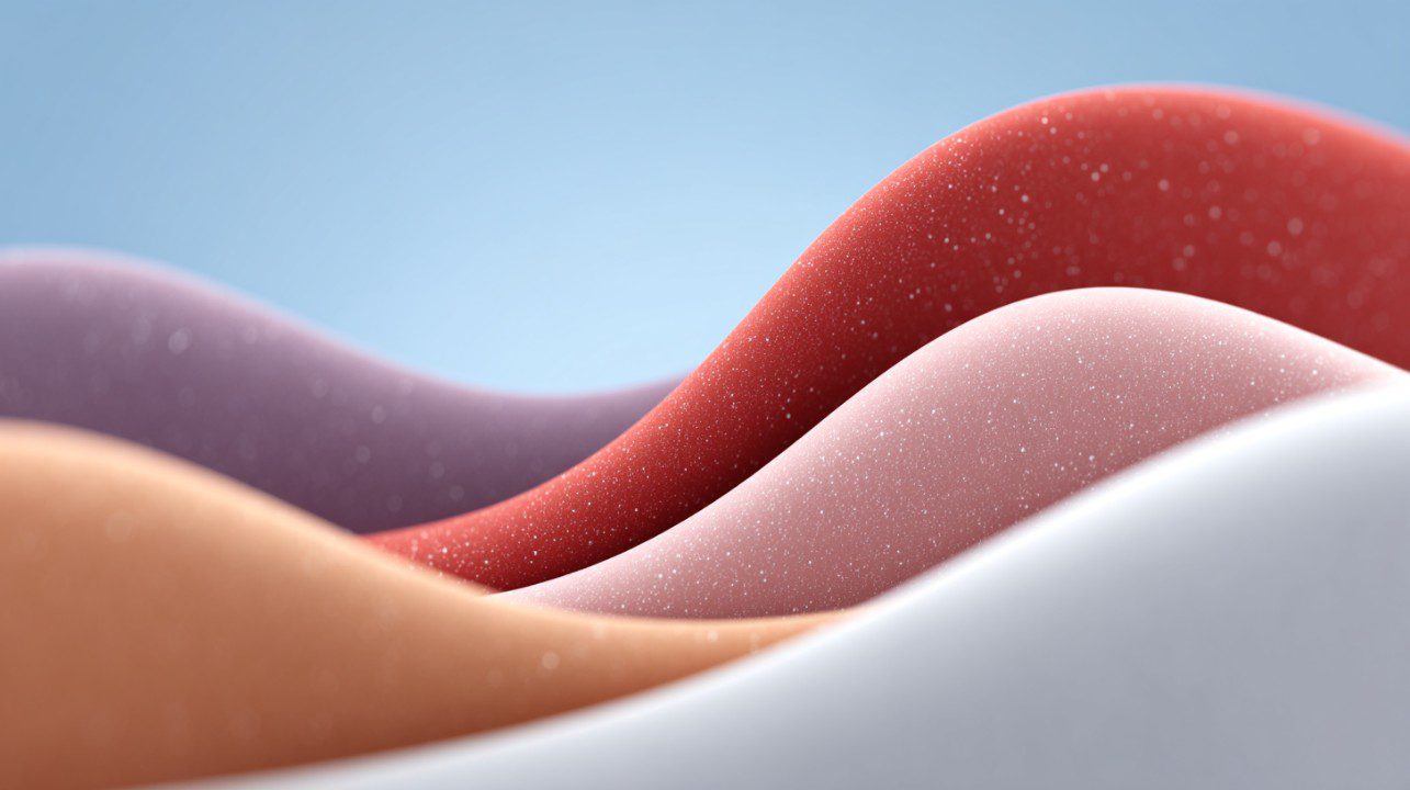 3D rendering of colorful abstract waves with gradient textures in red, pink, peach, and white under a soft blue sky.