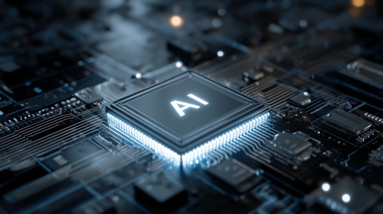A detailed close-up of a glowing AI processor chip embedded in a dark futuristic circuit board, symbolizing advanced technology and innovation.