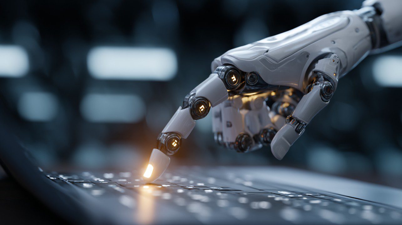 A high-tech robotic hand with glowing fingertips presses a button on a futuristic keyboard, symbolizing AI and human-machine interaction.
