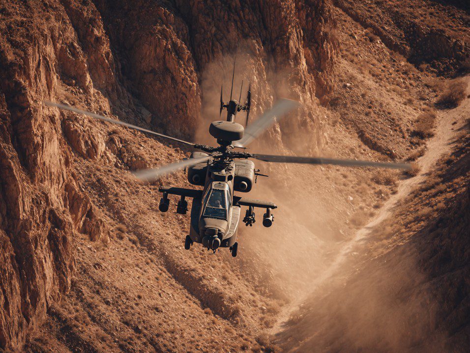 Apache helicopter flying through a rugged desert canyon with dust trailing behind, showcasing military aviation and cinematic intensity.