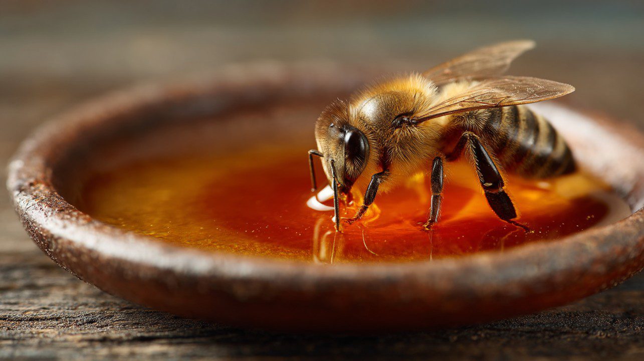 Close-up of a bee drinking honey from a plate, showing fine detail of the insect and the amber liquid in high resolution.
