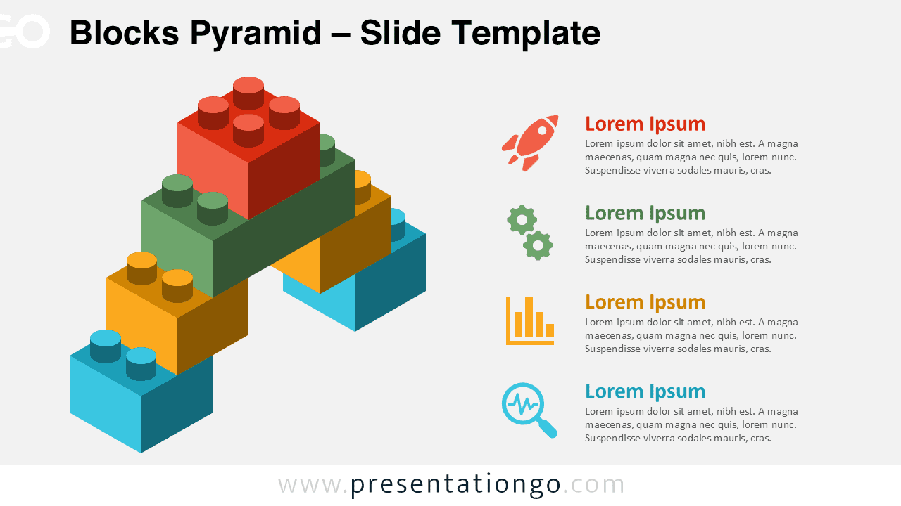 Widescreen 4-step blocks pyramid for PowerPoint and Google Slides with icons, titles, and a light background for hierarchy visuals.