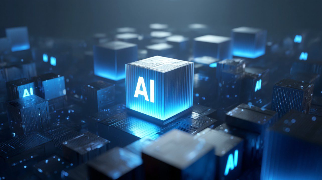 Glowing blue AI cube on a dark digital grid with surrounding futuristic blocks, symbolizing artificial intelligence and technology.