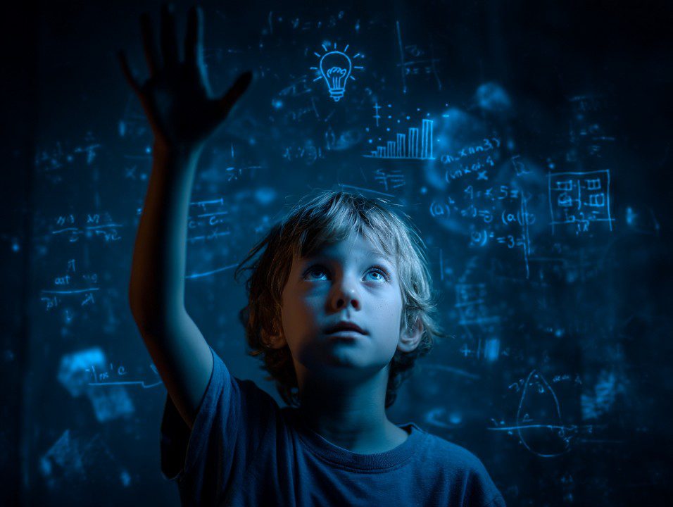 A young boy looks upward and reaches out as glowing scientific equations and icons float in a dark, futuristic digital space.
