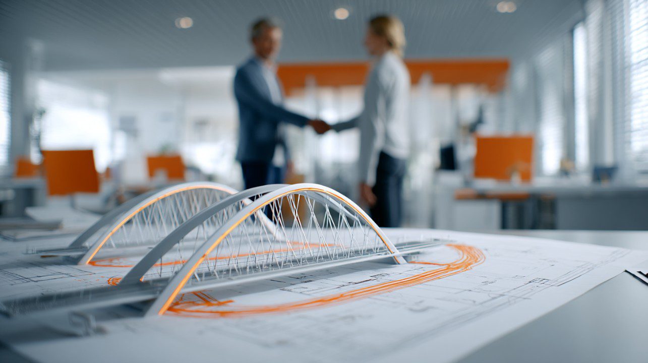A realistic bridge model placed on blueprints in a bright architect office, with professionals shaking hands in the background.