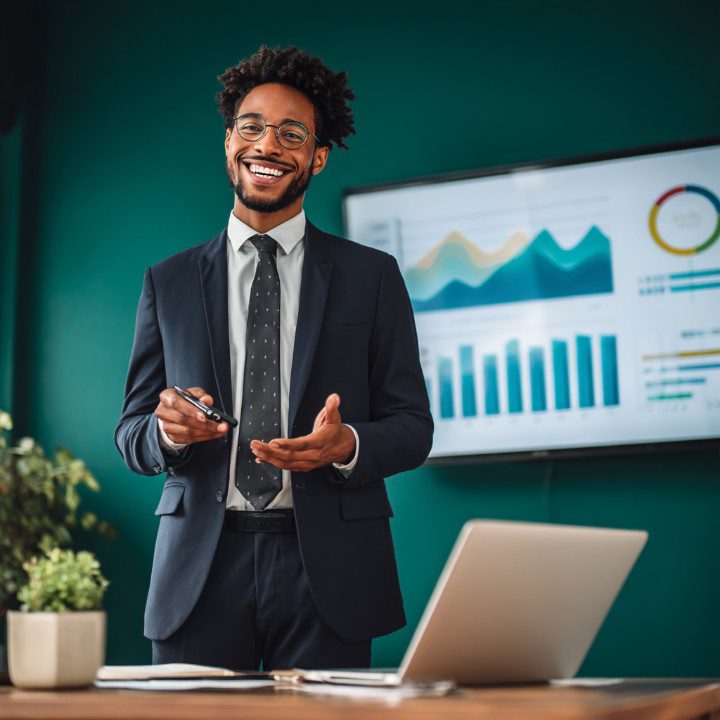 A confident businessman in a dark suit presents analytical data charts in a modern office, ideal for corporate and finance visuals.