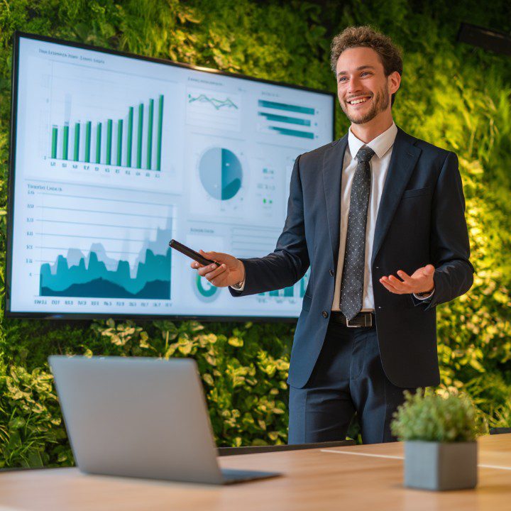 A smiling young man in a suit presents data charts on a screen in a green office, ideal for business and finance themes.