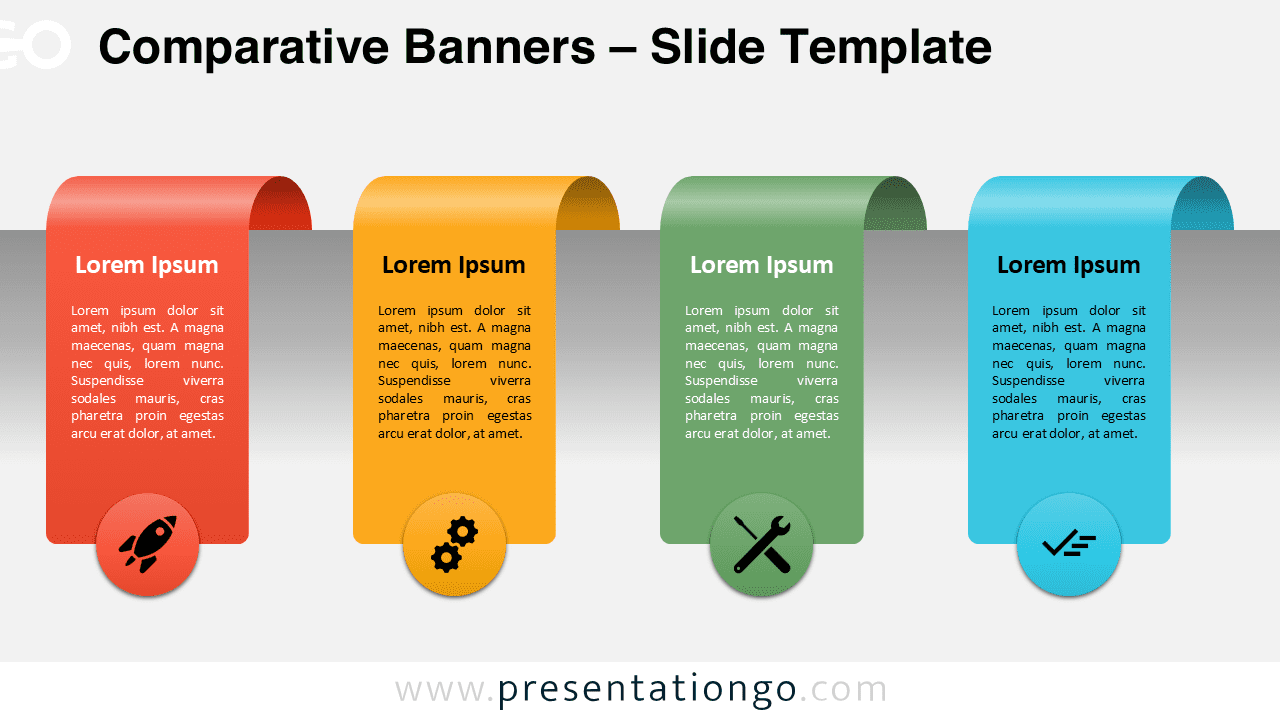 Widescreen slide template with four comparison banners on a light background, fully editable in PowerPoint and Google Slides.