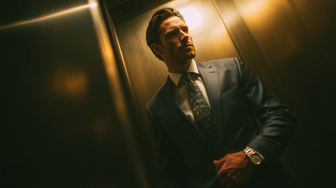 A confident businessman in a tailored suit stands in a dimly lit elevator, exuding ambition and leadership in a cinematic setting.