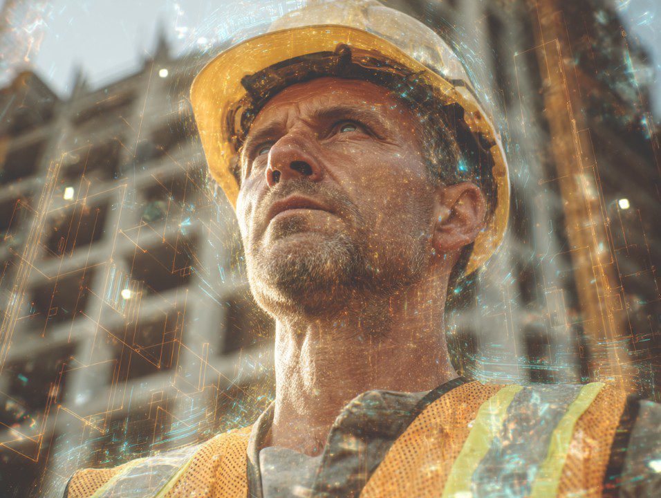 Portrait of a rugged construction engineer in safety gear with futuristic digital interface overlay, symbolizing tech in infrastructure.