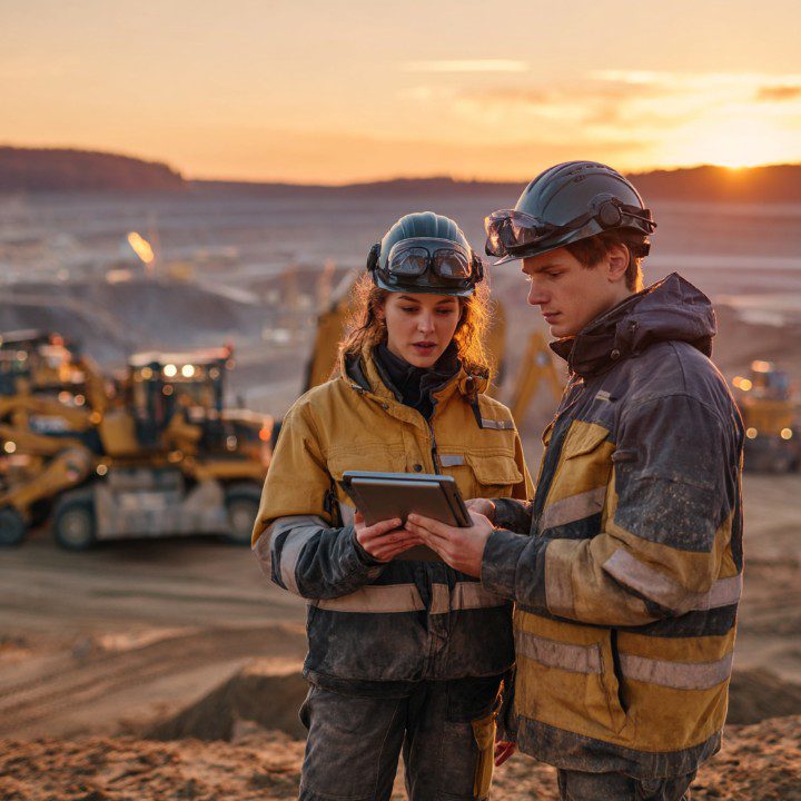 Two construction engineers in safety gear reviewing project data on a tablet at a worksite during sunset, with machinery in the background.