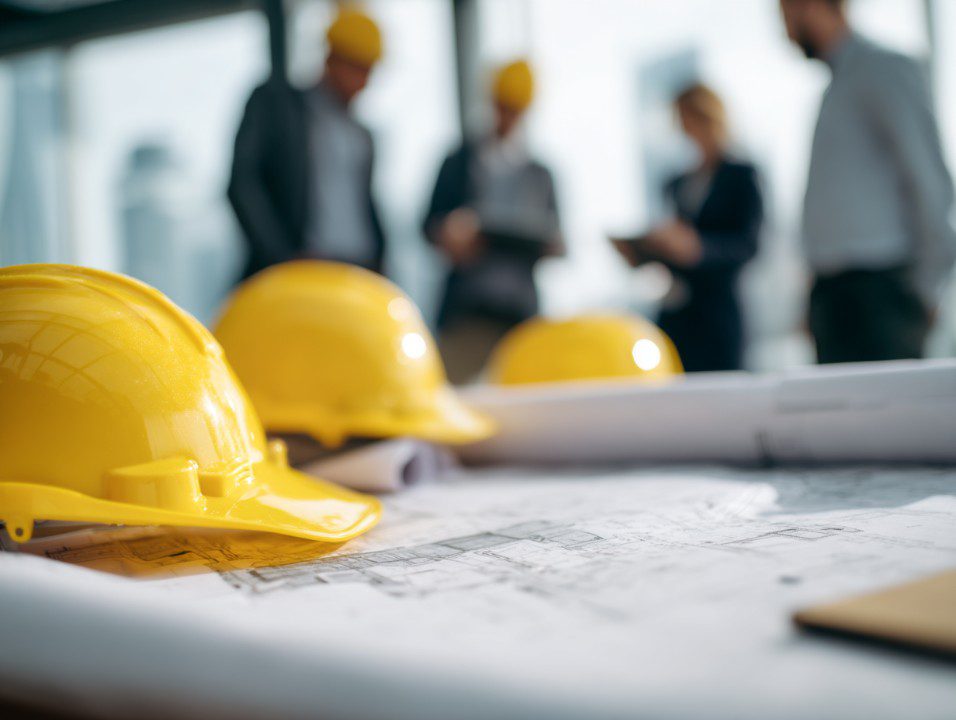 Close-up of yellow safety helmets on a table with construction blueprints and blurred engineers in the background.