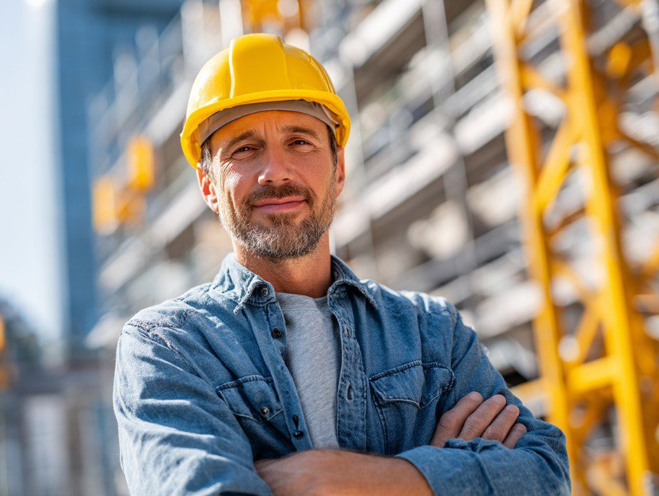 Construction worker wearing a yellow hard hat and denim shirt standing confidently on a job site, with cranes and scaffolding in the background.
