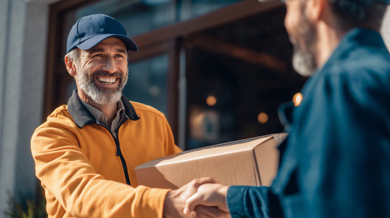 A cheerful delivery man in a yellow jacket hands over a package and shakes hands with a customer outside a building.