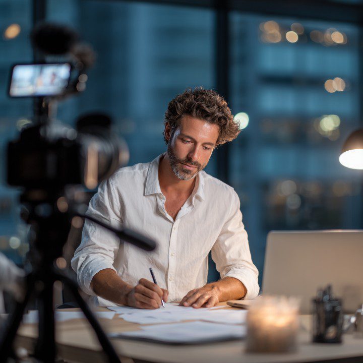 Bearded man in white shirt working at a candlelit desk with papers, laptop, and a recording camera in a night office setting.