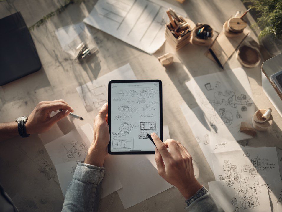 Overhead view of two people working in a modern creative workspace with tablet sketches and hand-drawn diagrams on paper.