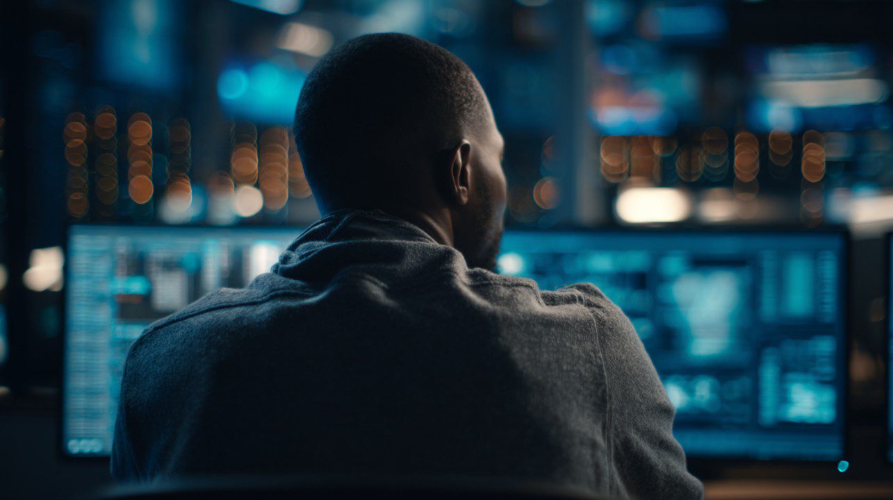 Over-the-shoulder view of a cybersecurity analyst working in a dark tech room with multiple glowing data screens.