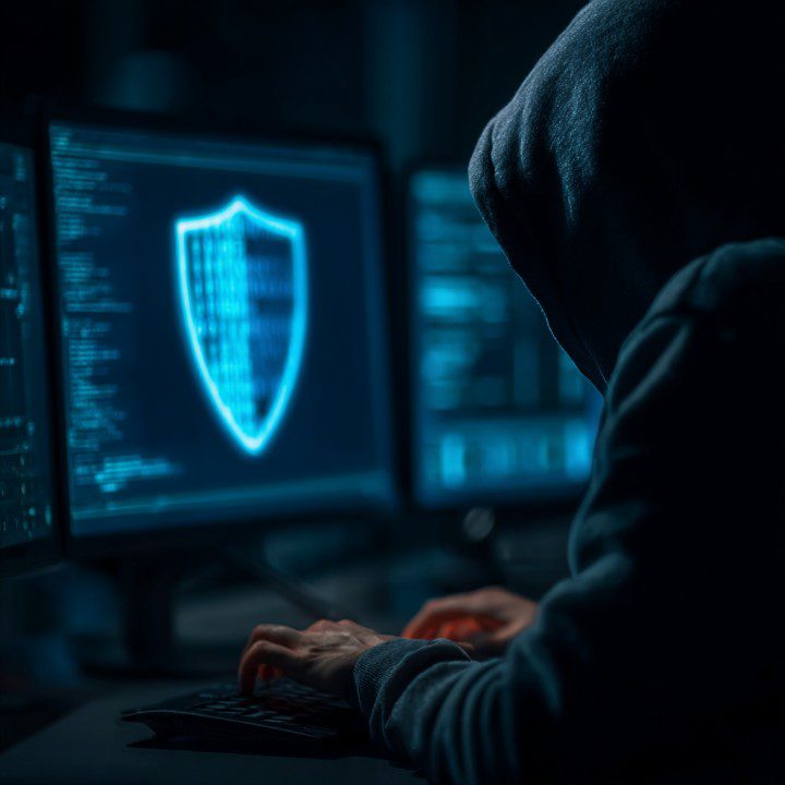 A hooded figure types in a dark room with glowing code on screens and a digital shield, symbolizing cybersecurity threats and hacking.