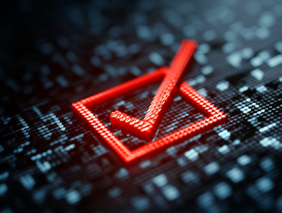 A glowing red checkbox icon placed over a dark digital background grid, symbolizing validation, security, or tech UI design.