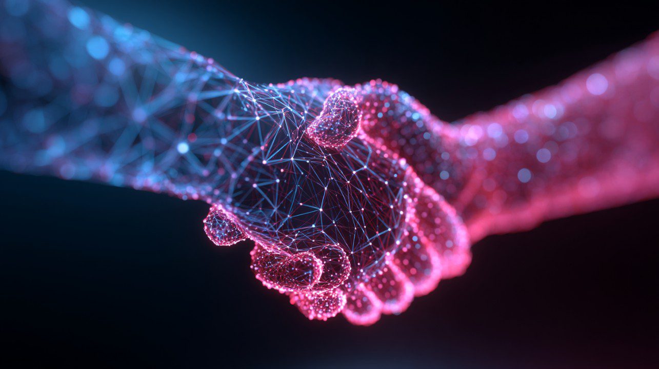 Two glowing mesh hands shaking in a digital network, symbolizing technology, trust, and innovation.