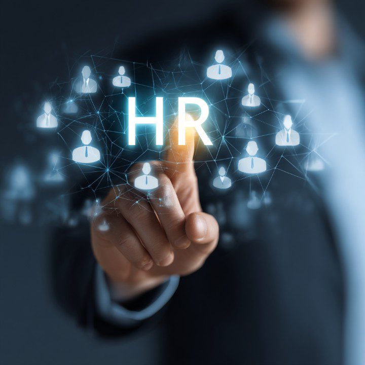 Close-up of a businessperson selecting the HR icon on a digital network screen with employee avatars.