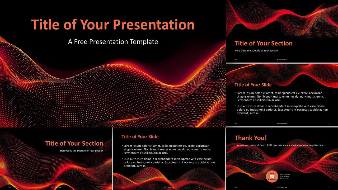 Widescreen version of the Digital Pulse Template for PowerPoint and Google Slides with glowing digital mesh backgrounds on 6 slides.