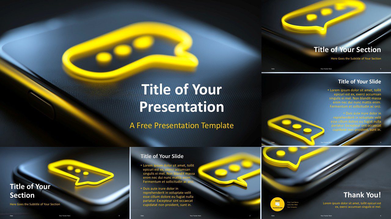 Widescreen preview of 6 slides from the Digital Speech Template for PowerPoint and Google Slides with a tech-forward look.