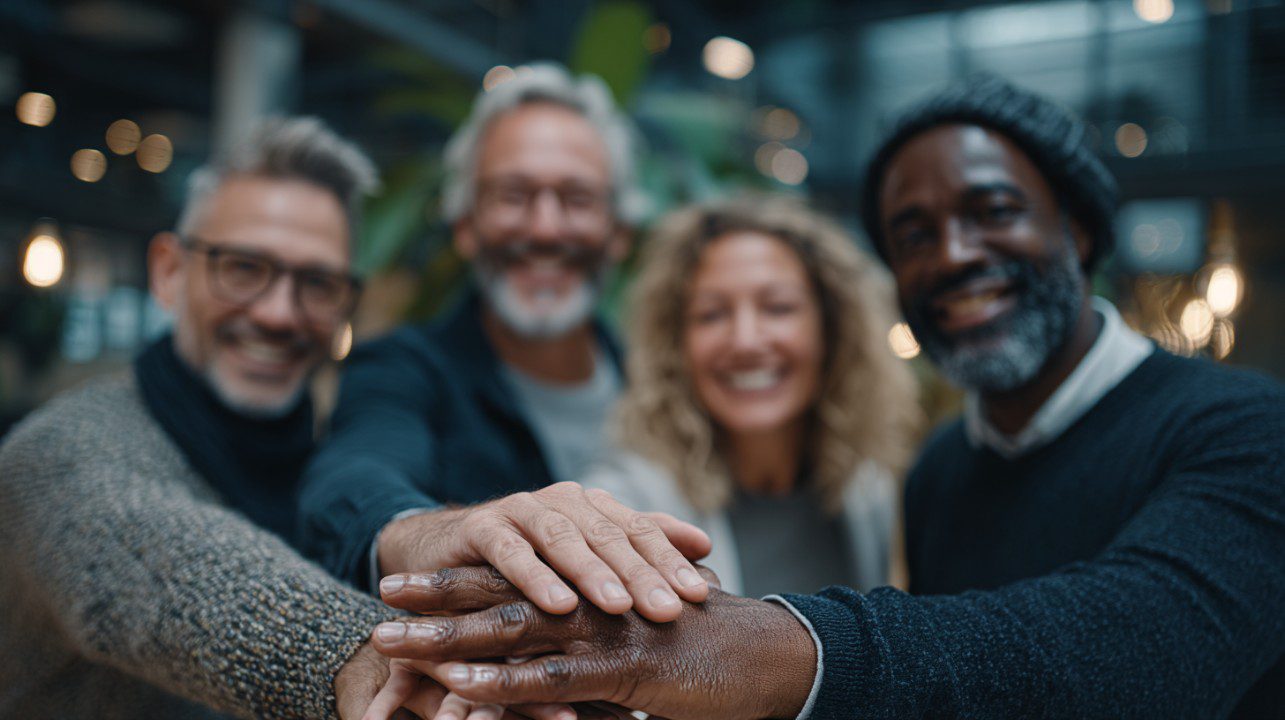 A group of diverse professionals smiling and stacking hands in a team gesture, symbolizing collaboration and inclusion.