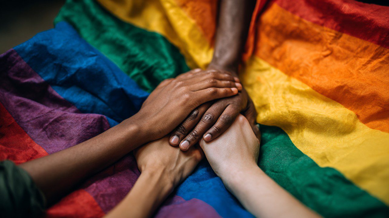Close-up of hands with different skin tones placed together on a rainbow pride flag, symbolizing diversity, unity, and LGBTQ+ support.