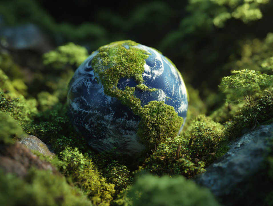 A realistic Earth model covered in moss and surrounded by lush greenery, symbolizing sustainability and harmony with nature.