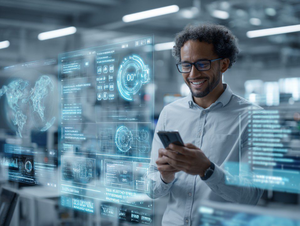 Smiling engineer uses smartphone while surrounded by holographic data screens in a futuristic lab, symbolizing innovation and smart technology.
