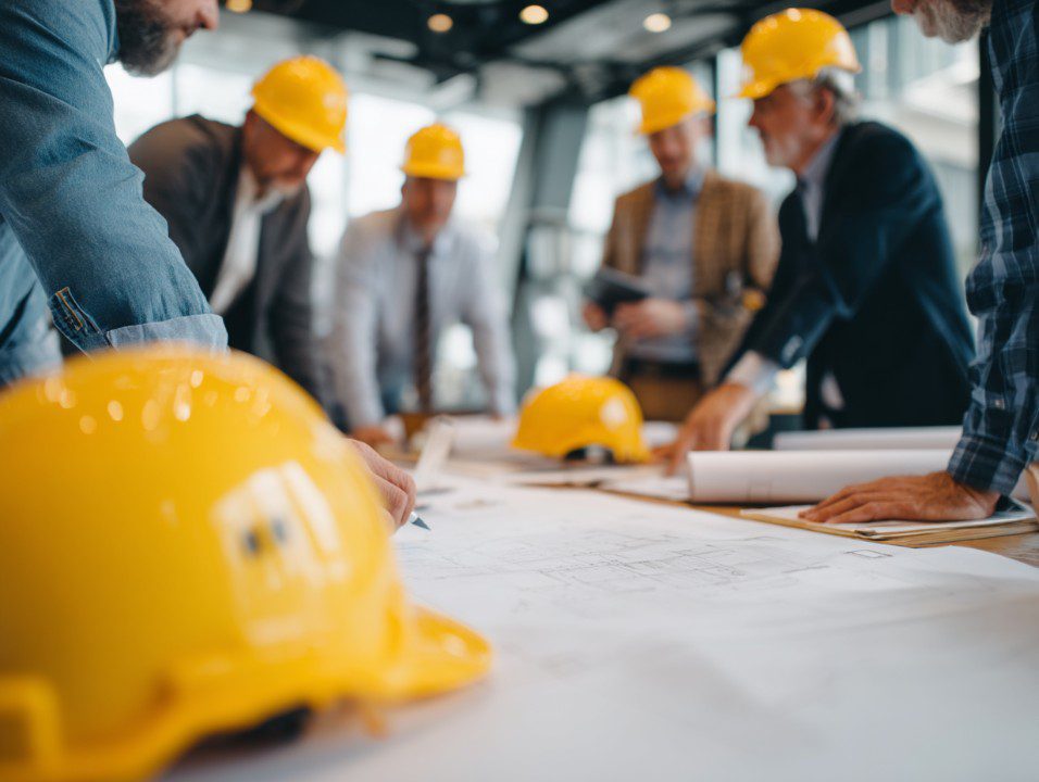 A group of engineers and professionals in yellow hard hats reviewing architectural blueprints at a meeting table.