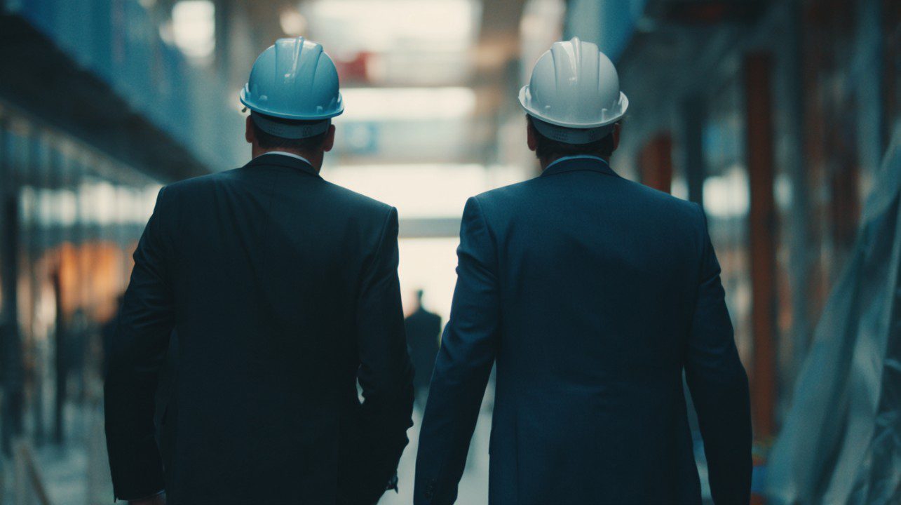 Business executives in suits wearing hard hats walking through a modern construction site, symbolizing project management.